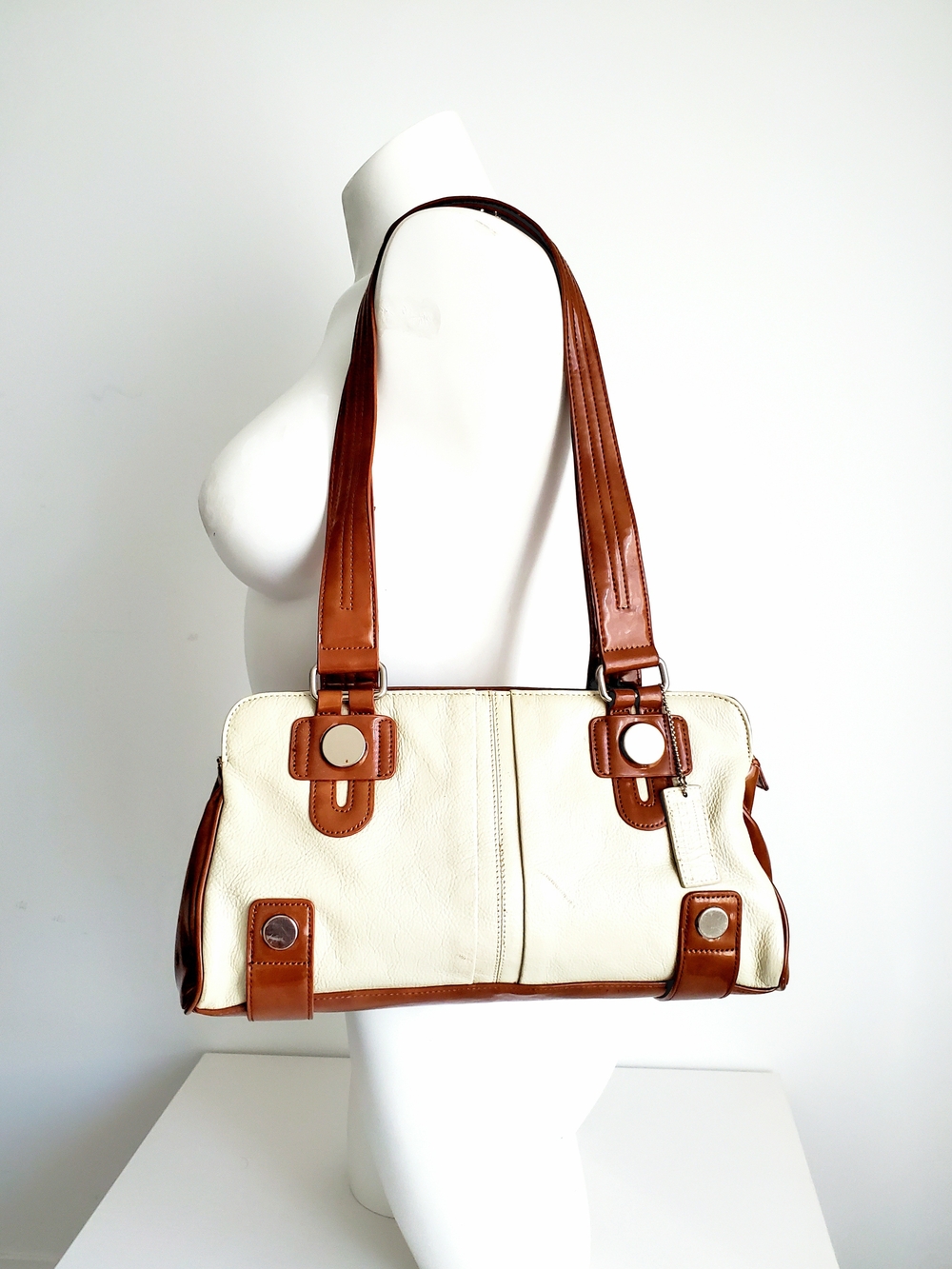 Vintage Naturalizer Cream & Cognac Brown Leather Shoulder Bag Y2K Multi-Compartm